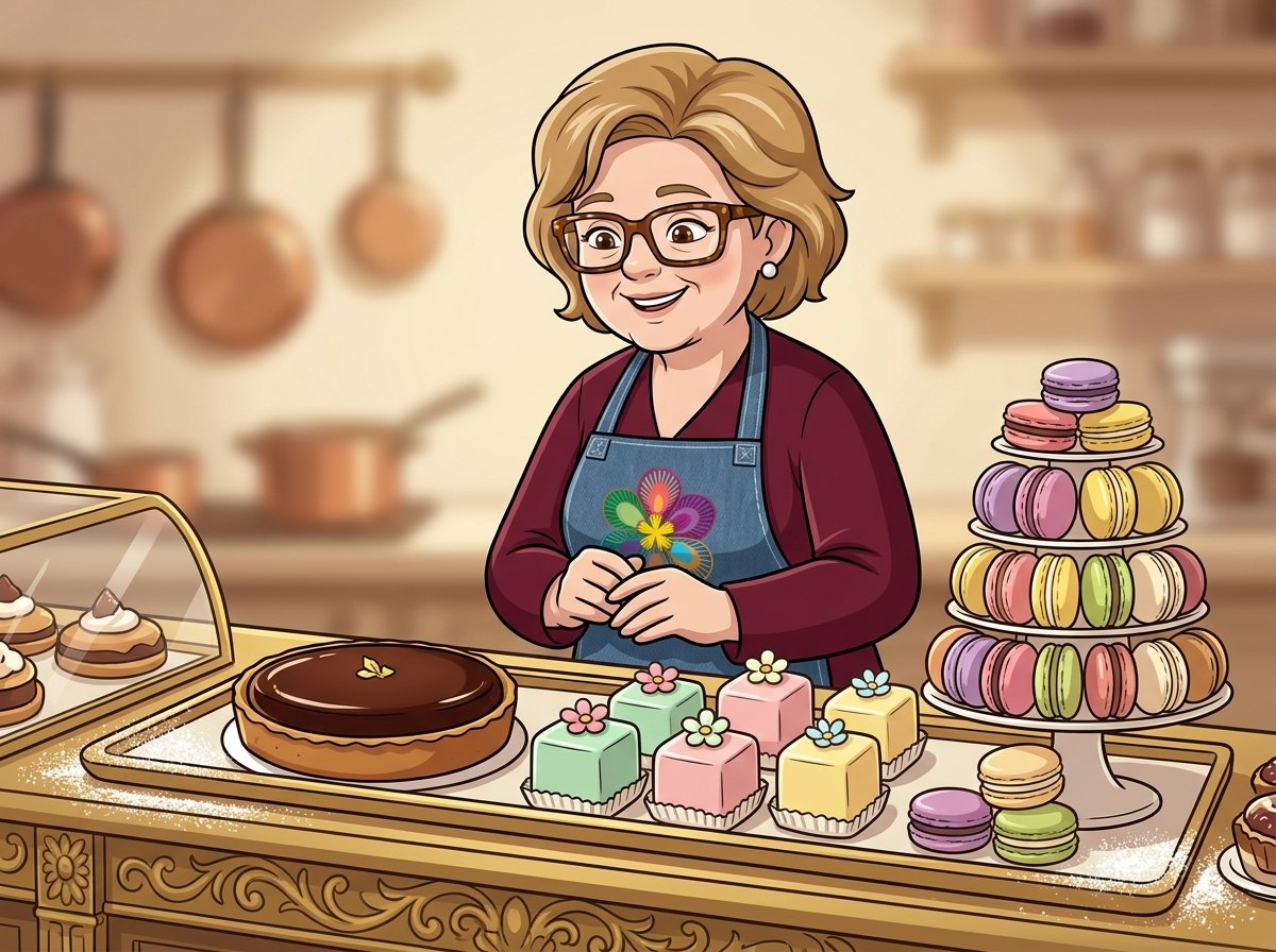 Vitrina de pastelería con torta de chocolate, petits fours y una torre de macarons.