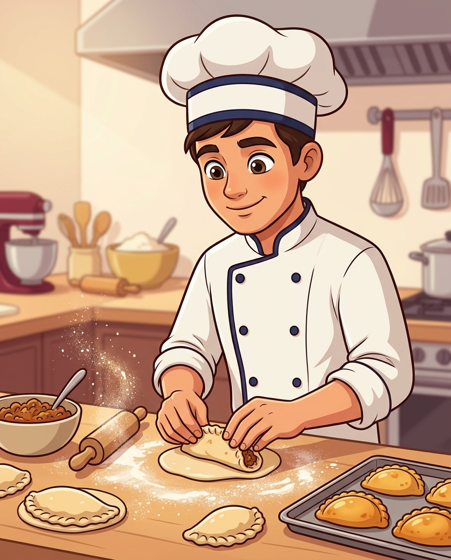 Joven chef pastelero del Centro Garófalo arma masas y piezas a mano en la cocina taller, con horneados dorados.